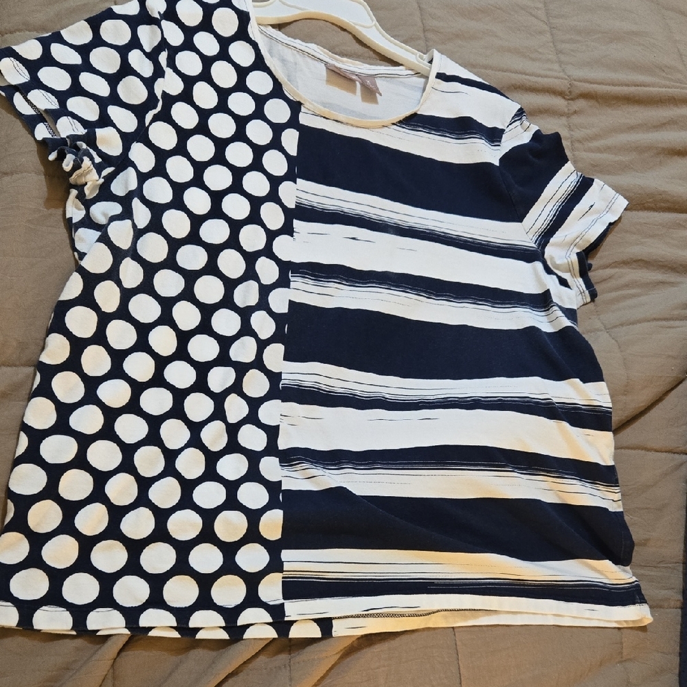 Chico's Short Sleeve Tee Blue and White with Polka Dots and Stripes